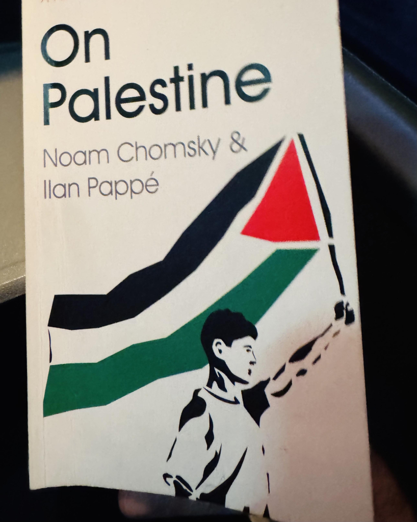 Cover of the book “On Palestine” by Noam Chomsky & Ilan Pappé. An illustration of a young boy carrying a Palestine flag under the book title and authors’ names.