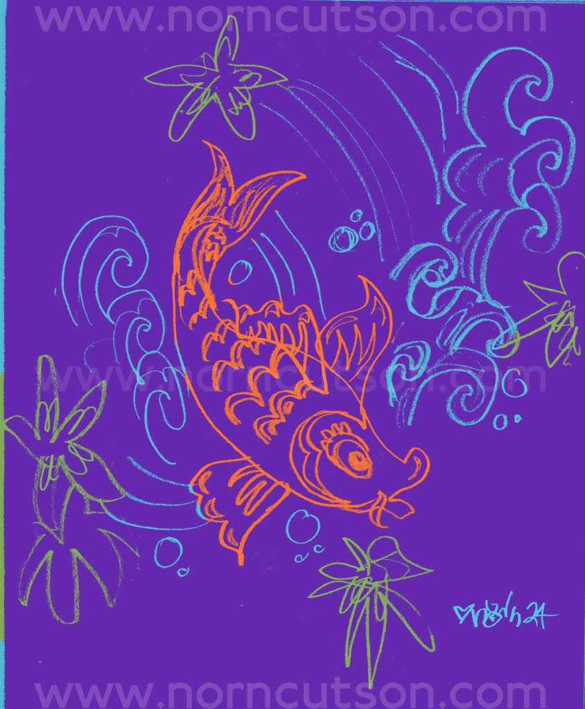 On a purple background, a koi swims underwater.
My signature in lower right.

TEXT: www.NornCutson.com