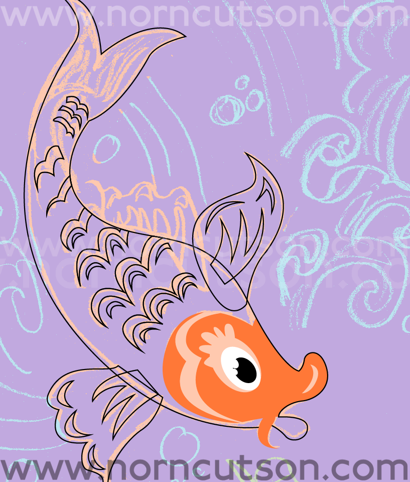 WORK IN PROGRESS: Drawing a koi in Illustrator, over a locked-down layer of pencil sketch.

TEXT: www.NornCutson.com