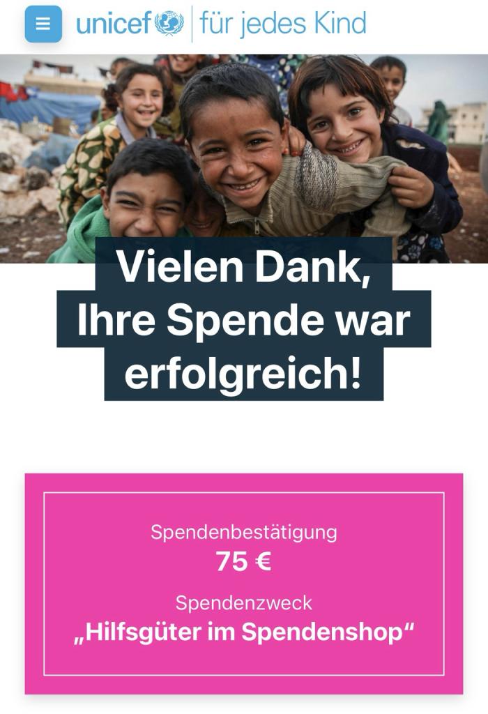 „Vielen Dank, Ihre Spende war erfolgreich!“ vom Unicef Spendenshop.