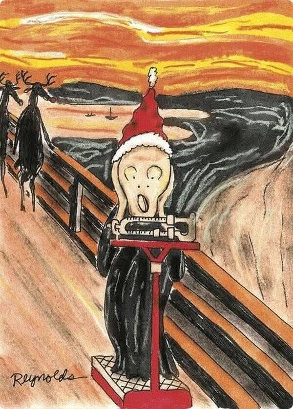 a parody of edvard munch's The Sream, except the screaming figure is standing on a scale and wearing a chirstmas hat by reynolds