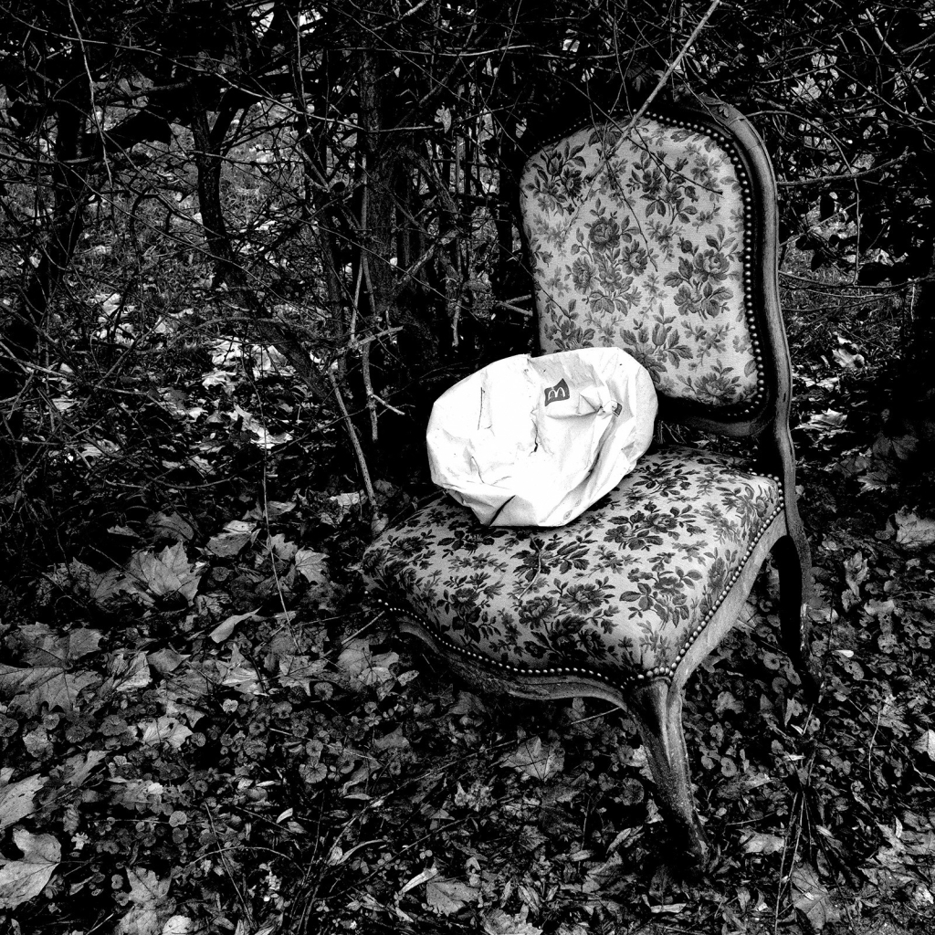 Photo d'une feuille salon en bois, recouverte d'un tissu fleuri clouté aux montants de la chaise, dont il manque un pied. Elle est posée contre une haie d'arbustes. Sur la chaise a été posé un vieux sac en papier MacDonald.