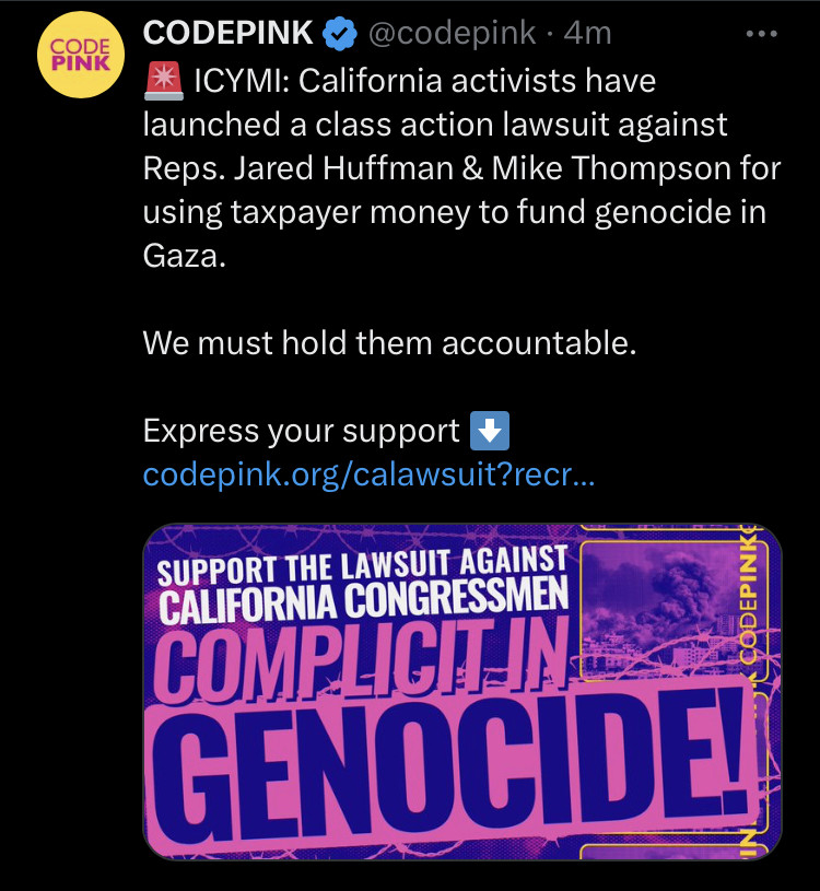 California activists have launched a class action lawsuit against Reps. Jared Huffman & Mike Thompson for using taxpayer money to fund genocide in Gaza. We must hold them accountable. Express your support.