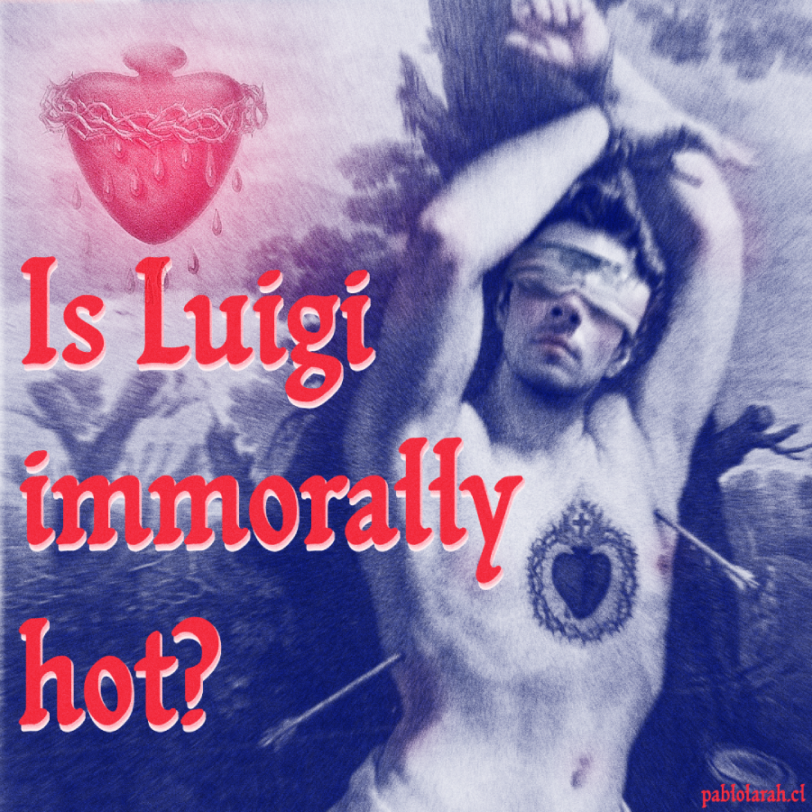 Red text on image in duotone blue white representing Luigi Mangione, blinded, as Saint Sebastian with a red heart dripping tears above the totle:
Is Luigi immorally hot?