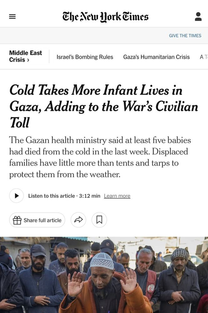 NYT: 5 Babies Die From the Cold in Gaza as Temperatures Drop

A boy less than three weeks old was among the latest to succumb to winter weather, Gazan officials said. Families displaced by Israel’s attacks have little more than tents and tarps to protect them.