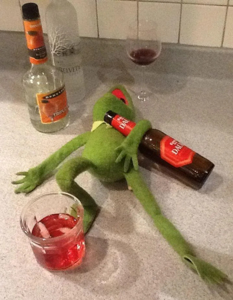 kermit the frog, passed out with his arm over a bottle of beer and surrounded by alcoholic drinks