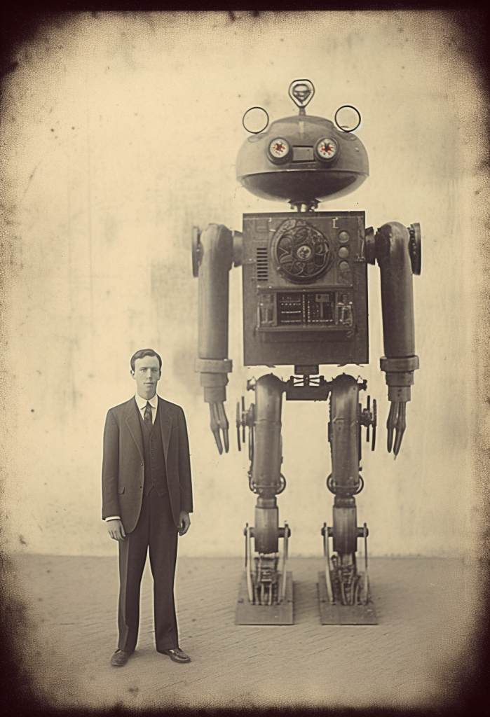 midjourney: man with useful robot circa 1940