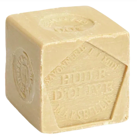 a fuck-off 300g beast of a block of organic, palm-free marseille soap in a glorious, creamy hue.
it's engraved with the official 'huile d'olive savonnerie du midi marseille' stamp.