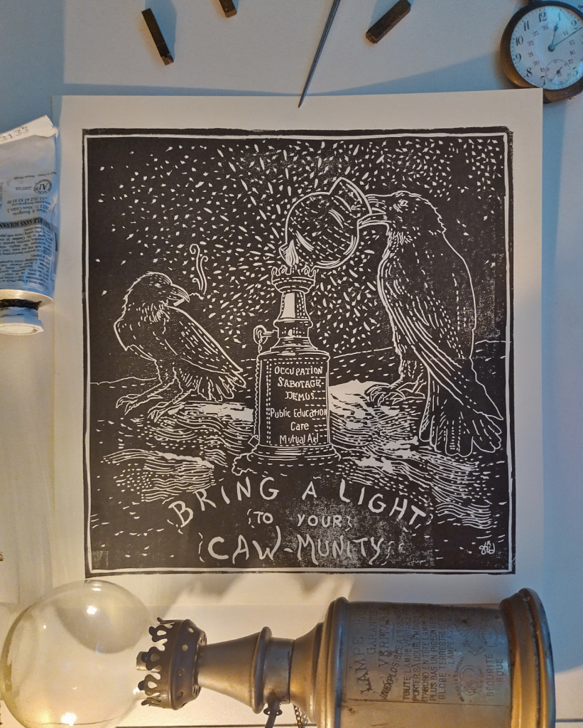 Linocut print with two crows lighting an antique lamp symbolising struggles and solidarity