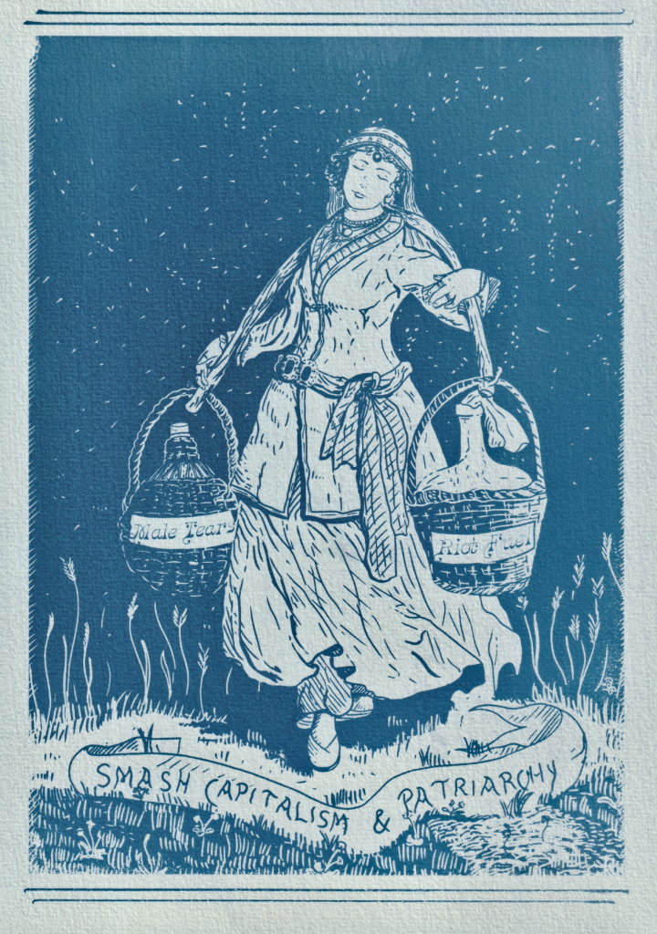 Cyanotype print of a woman in a dress carrying 2 demijohn symbolising feminist and anti-capitalist struggles