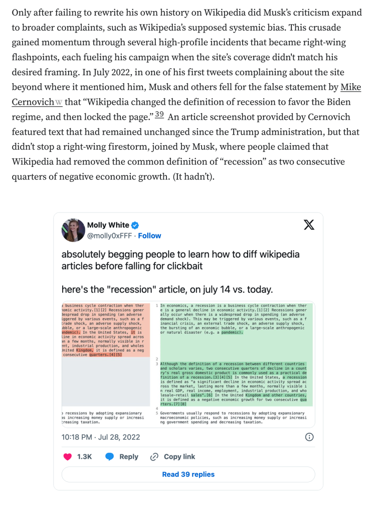 Only after failing to rewrite his own history on Wikipedia did Musk’s criticism expand to broader complaints, such as Wikipedia’s supposed systemic bias. This crusade gained momentum through several high-profile incidents that became right-wing flashpoints, each fueling his campaign when the site’s coverage didn't match his desired framing. In July 2022, in one of his first tweets complaining about the site beyond where it mentioned him, Musk and others fell for the false statement by Mike Cernovich that “Wikipedia changed the definition of recession to favor the Biden regime, and then locked the page.”39 An article screenshot provided by Cernovich featured text that had remained unchanged since the Trump administration, but that didn’t stop a right-wing firestorm, joined by Musk, where people claimed that Wikipedia had removed the common definition of “recession” as two consecutive quarters of negative economic growth. (It hadn’t).

Tweet by Molly White @molly0xfff: absolutely begging people to learn how to diff wikipedia articles before falling for clickbait

here's the "recession" article, on july 14 vs. today.
[Image: Diff of two versions of the Wikipedia article on recession, showing minimal wording changes, and that a sentence was added: "Although the definition of a recession between different countries and scholars varies, two consecutive quarters of decline in a country's real gross domestic product is commonly used as a practical definition of a recession."]