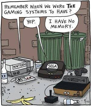 Cartoon by Scott Kilbrook? hard to read, sideways. 
Gaming systems in the trash. each talking to the other. 
Nintendo says Remember when we were the gaming systems to have.. Sega answers YEP,  Atari says, I have no memory