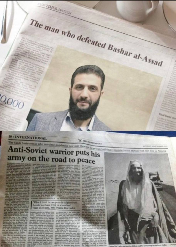 top newspaper headline: The man who defeated Bashar al-Assad
bottom newspaper headline: Anti-Soviet warrior puts his army on the road to peace

