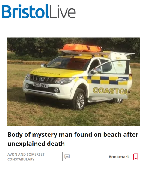 Headline - Body of mystery man found on beach after unexplained death.