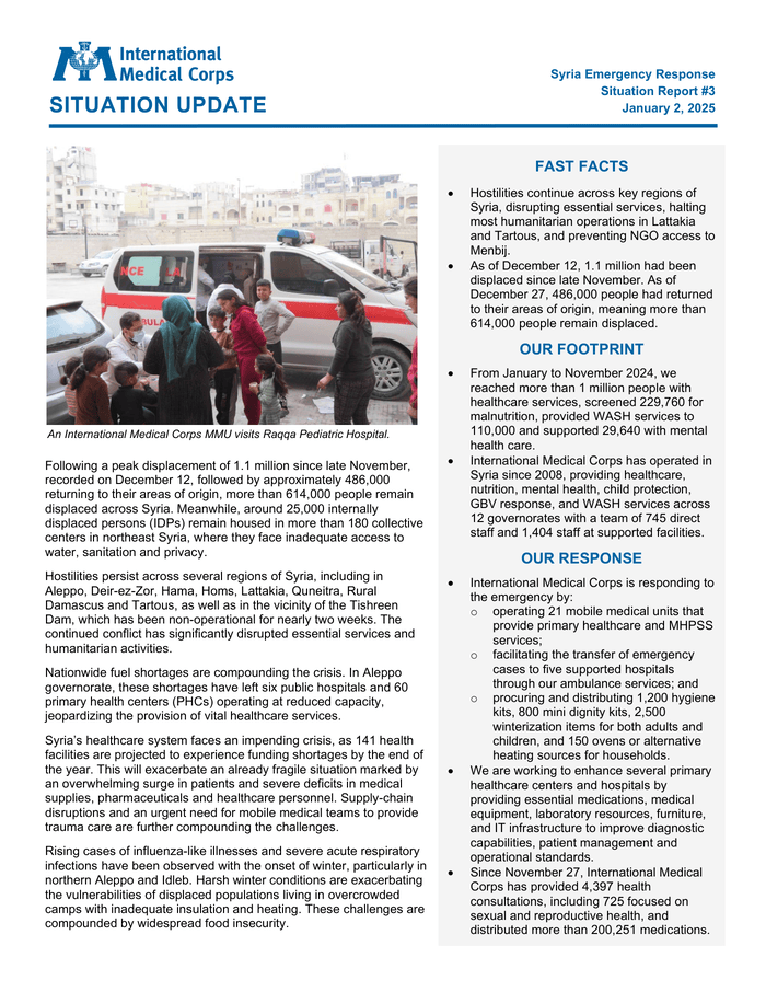 Syria Emergency Response Situation Report #3, January 2, 2025 - Syrian Arab Republic