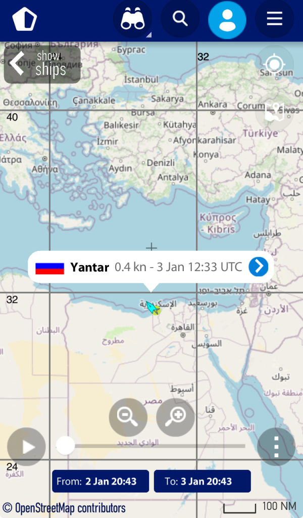 Russian intelligence vessel YANTAR exited an Egypt naval base today. 

Last AIS-message heading 318° then shut down AIS.