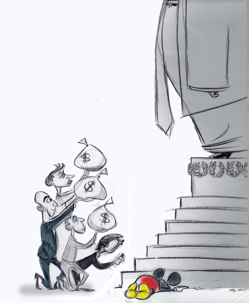 An unfinished version of the Cartoon that the Washington Post refused to publish, showing Mark Zuckerberg (of Facebook & Meta), Sam Altman (of OpenAI), Patrick Soon-Shiong (owner of the LA Times), Mickey Mouse (representing the Walt Disney Company and ABC News), and Jeff Bezos (owner of the Washington Post and Amazon) bowing to and kneeling before a giant statue of a Trump-like figure.