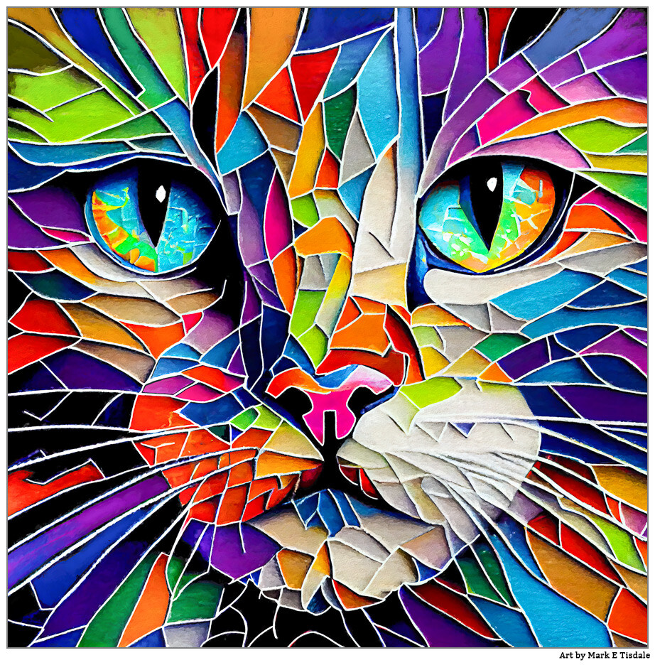 Colorful digital cat painting that is designed to look like it's mosaic or stained glass. - intricate crisscrossing white lines divide different colors that form an abstract cat face.