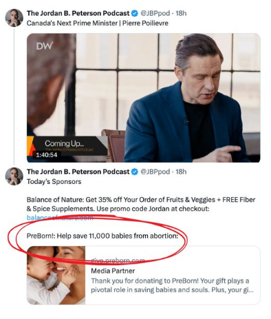 Jagmeet Singh tweet: 
The Jordan B. Peterson Podcast:
Canada's Next Prime Minister Pierre Poilievre
Insert: Daily Wire photo of the interview
"The Jordan B Peterson Podcast
Today's Sponsors : PreBorn!: Help save 11,000 babies from abortion"
Media Partner Thank you for donating to PreBorn