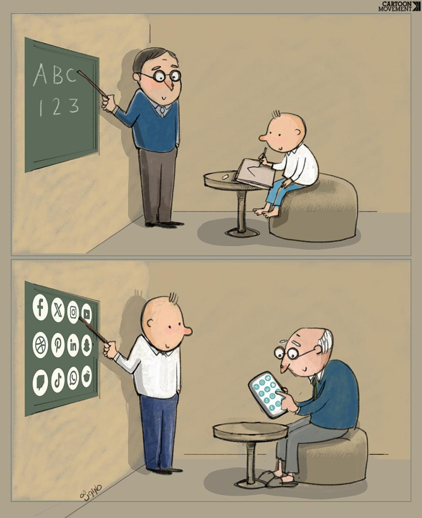 Two panel cartoon showing a man teaching a boy how to read in the top panel. On a blackboard we see the letters A,B,C. In the bottom panel, the man has grown old, and the boy, now in early adulthood, is teaching the old man. On the blackboard we see different logos of apps and social media.