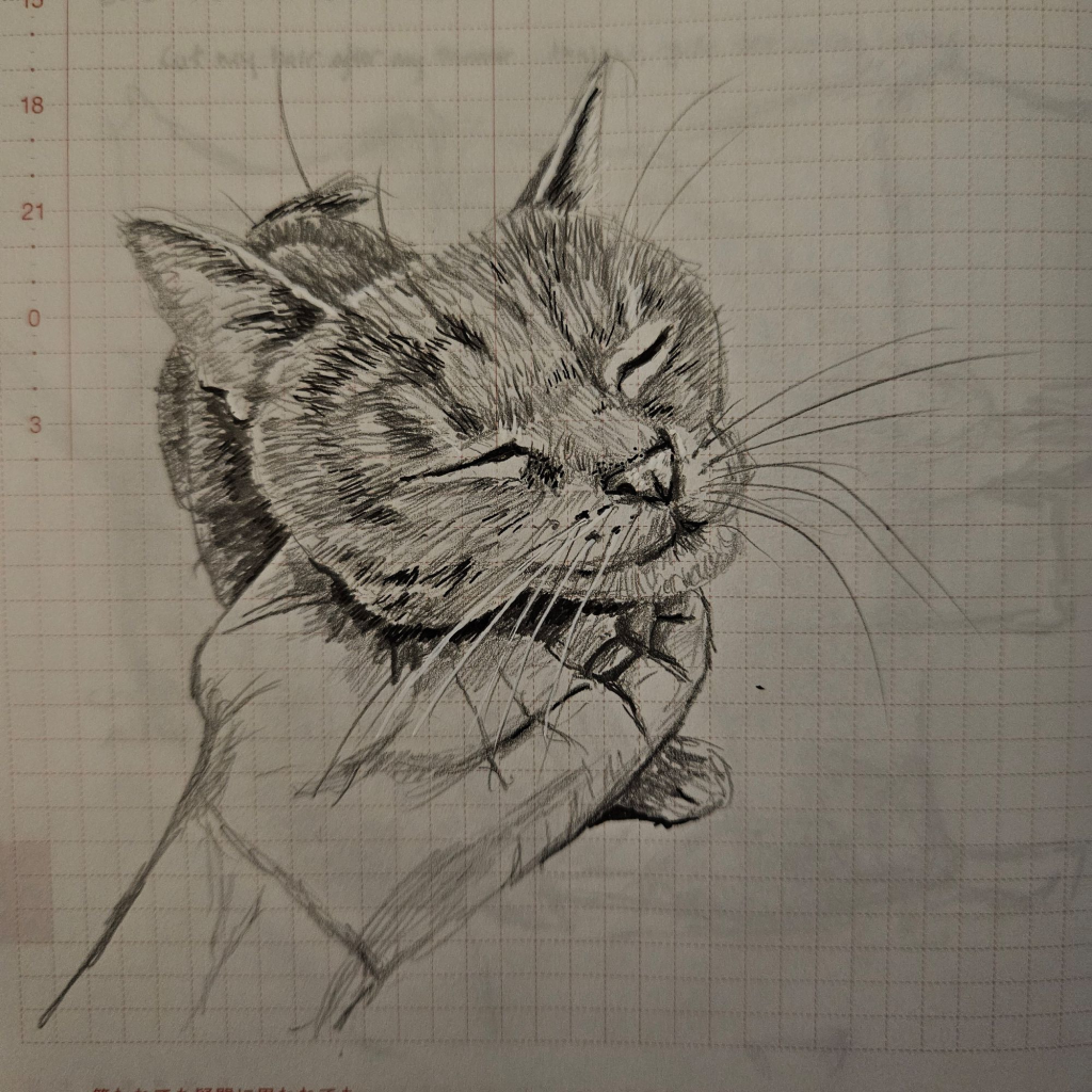 A pen and ink sketch of a grey tabby cat getting under the chin scratches in a hobonichi daily planner