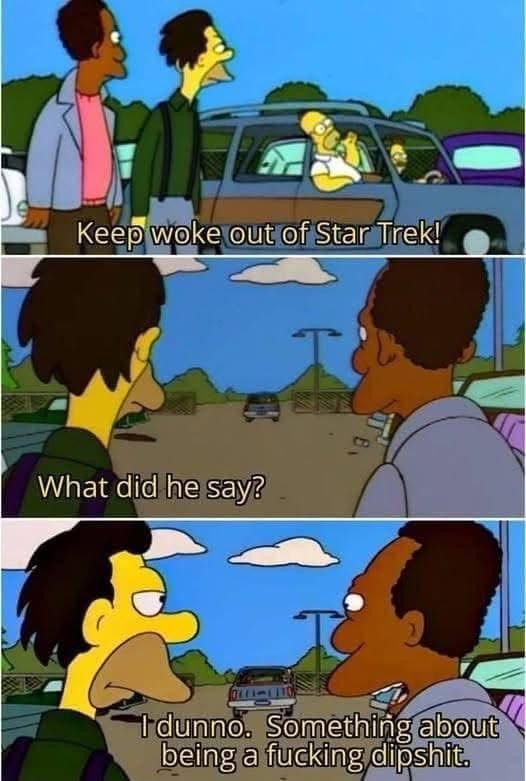 3 panel simpsons meme. 

Homer leaning out a car window saying "Keep woke out of Star Trek".

2nd panel "What did he say?"

3rd panel "I dunno. Something about being a fucking dipshit."