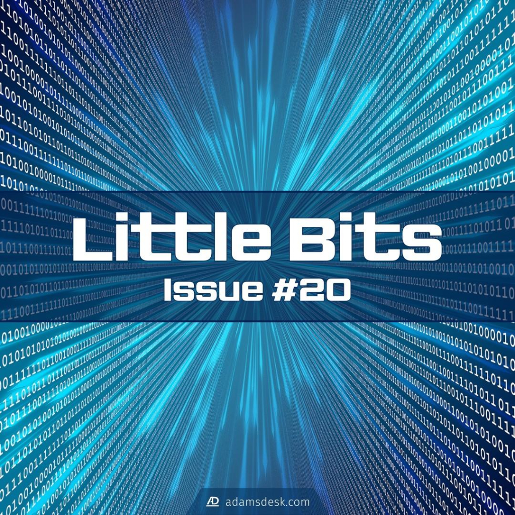 Overtop of a wall of white binary text with a blue background that has an explosion in the middle coming towards the viewer sits large bold text that reads, 'Little Bits issue #20'.