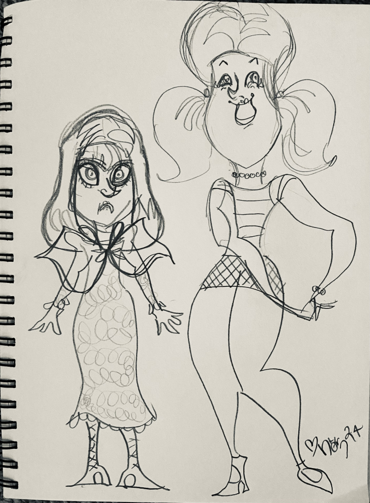 My quick pencil sketch of the characters from SMASHING TIME.

Two women, one in granny dress and cape with plain yet chic hairdo looks aghast. Her friend, an extremely tall vivacious and enthusiastic woman with bouffant hairdo and pigtails, poses saucily in a checkered miniskrt and striped sweater.

My signature in the lower right.