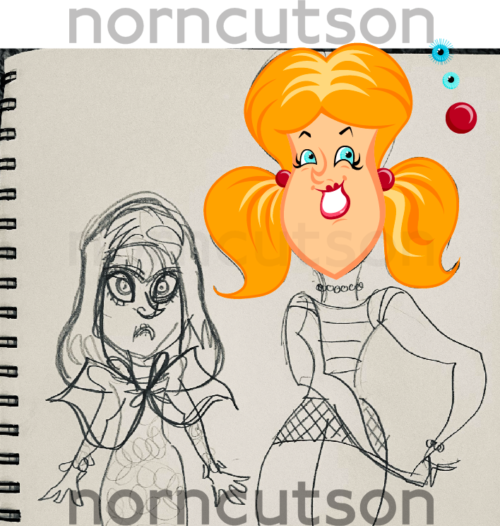 WORK IN PROGRESS.

I've drawn Yvonne's face and hair.
She is strawberry blonde, hair in pigtails, upturned nose and a tremendous chin. She is smiling, flirty.
The sketch layer is visible beneath the actual drawing.