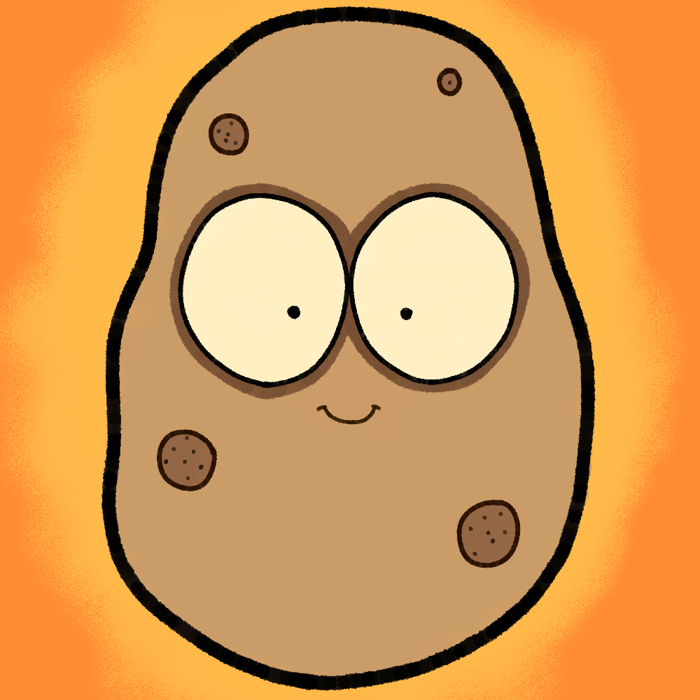 A cartoon digital drawing of a smiling potato with big eyes on an orange background.