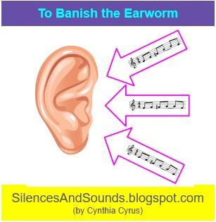 an ear with three arrows of music pointing at it. Title: "To Banish the Earworm"