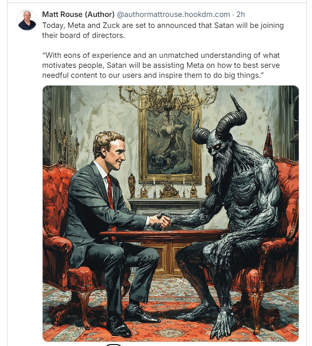 (Image below of Mark Zuckerberg and Satan shaking hands over the table) Screen grab, ‪Matt Rouse (Author)‬ ‪@authormattrouse.hookdm.com‬ 

Today, Meta and Zuck are set to announced that Satan will be joining their board of directors.

“With eons of experience and an unmatched understanding of what motivates people, Satan will be assisting Meta on how to best serve needful content to our users and inspire them to do big things.”