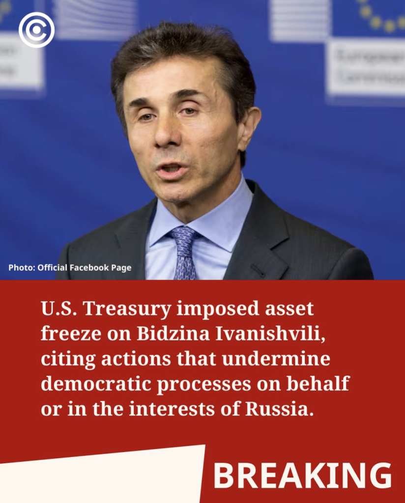 Photo from Civil Georgia of Bidzina Ivanishvili with the headline 'US Treasury imposed asset freeze of Ivanishvili citing actions that undermine democratic processes on behalf of or in the interests of Russia.