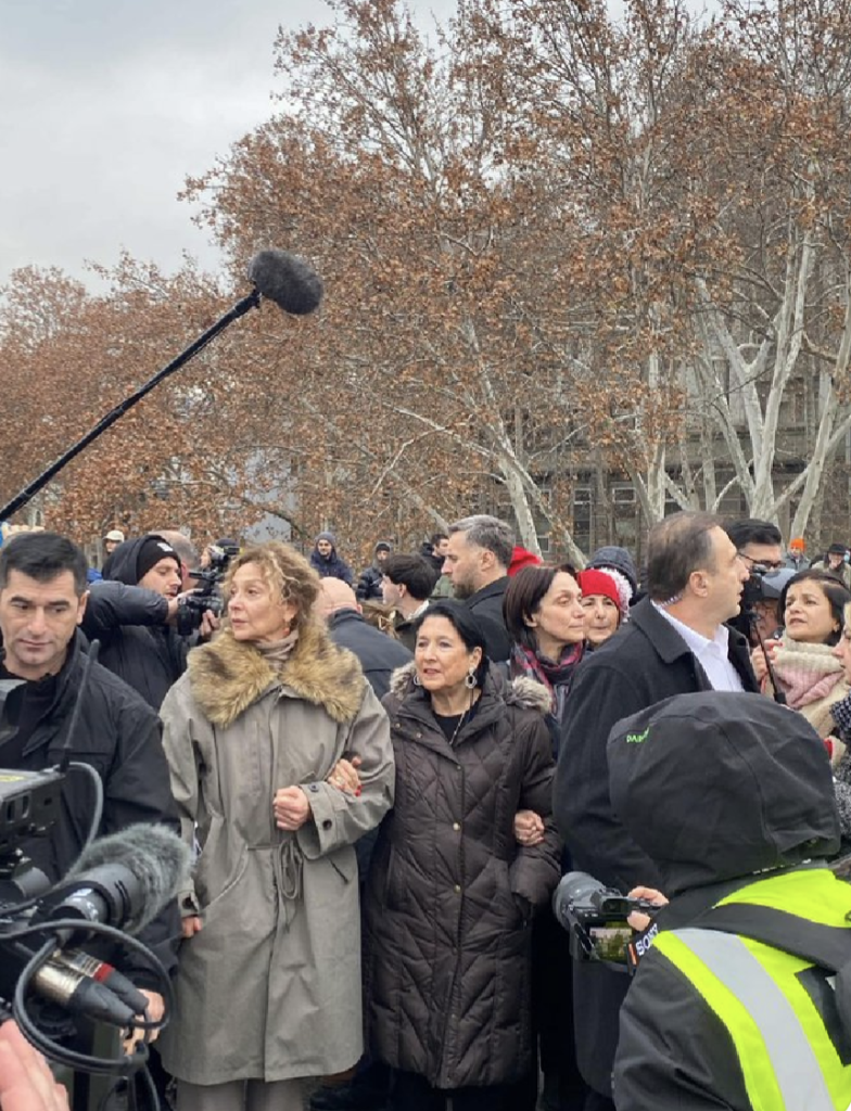 Salome Zurabishvili joins in a human chain in Tbilisi, Georgia