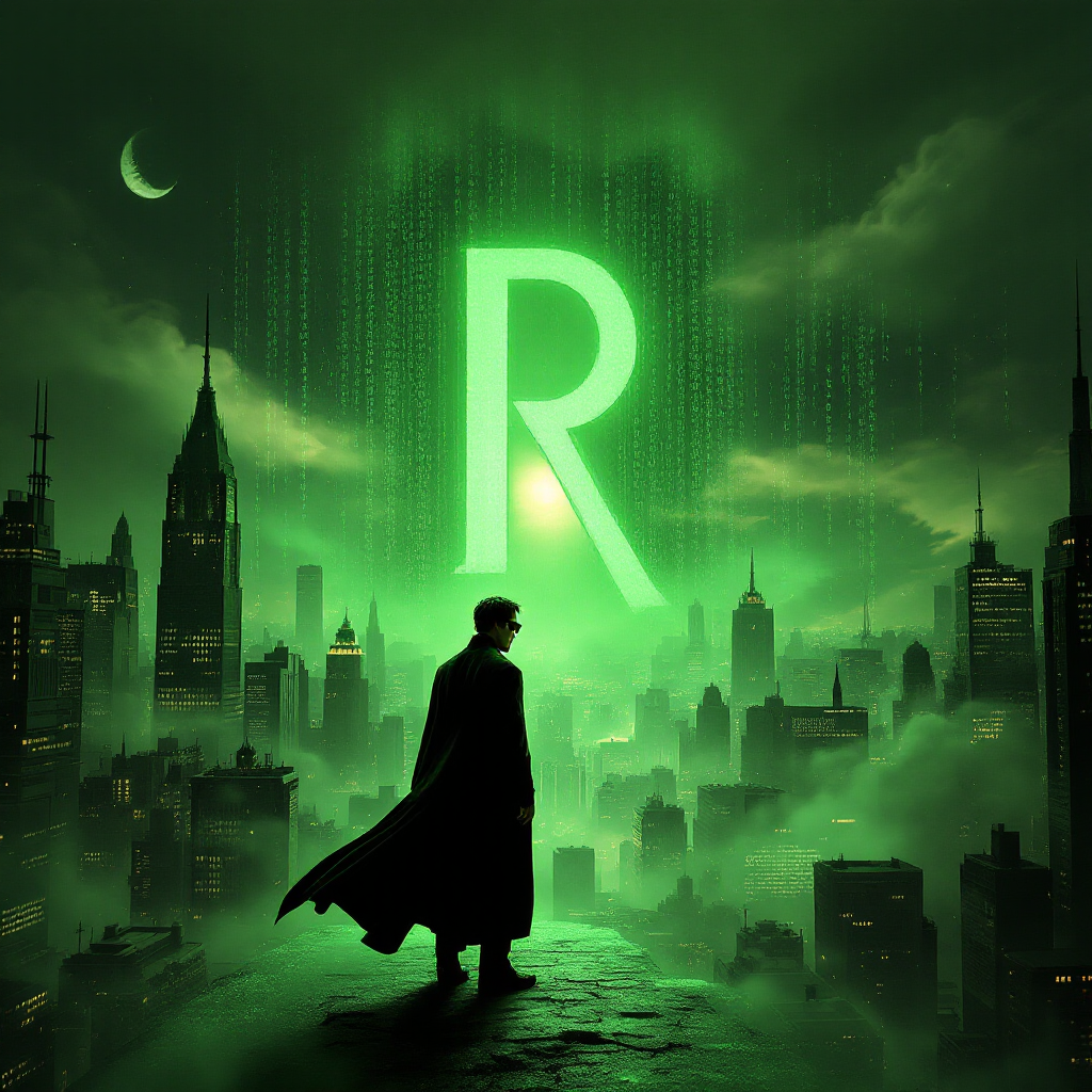 A surreal, green-tinted cityscape inspired by "The Matrix." A large glowing green "R" dominates the background, surrounded by falling binary code. In the foreground, a figure in a black trench coat and sunglasses, resembling Neo, stands on a high ledge overlooking the city. The scene is atmospheric, blending digital and physical elements seamlessly.