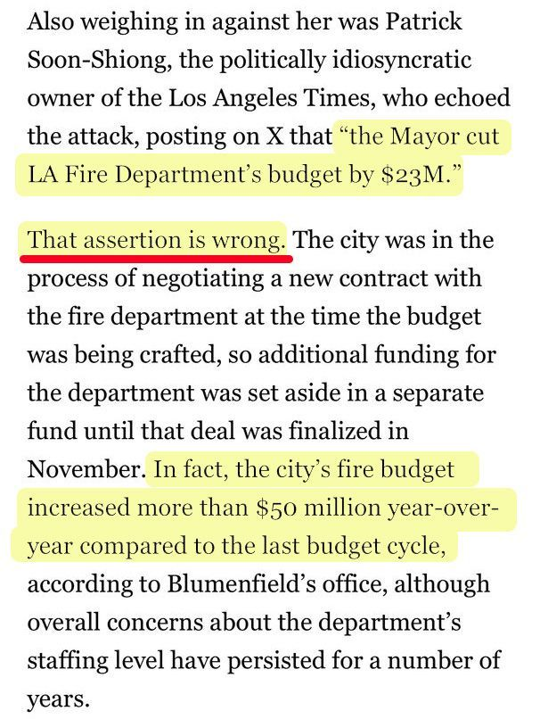 Text excerpt discussing budget claims about the LA Fire Department, highlighting incorrect assertions regarding budget cuts and clarifying that the budget actually increased by over $50 million year-over-year.