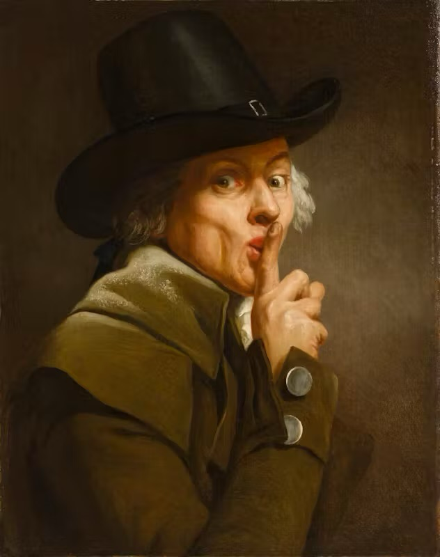 This is a painting by Joseph Ducreux, titled "Self-Portrait, Yawning" or more commonly referred to as one of his humorous self-portraits. Here’s an accessible description for the visually impaired:  The painting depicts a man, the artist himself, wearing a large black hat and dressed in an old-fashioned greenish-brown coat. His facial expression is playful and dramatic. He holds a finger to his lips in a shushing gesture, suggesting secrecy or silence, while his eyes widen in an exaggerated, mischievous expression. The background is plain and dark, making his face, gesture, and clothing stand out prominently. The lighting is soft and focused, creating a three-dimensional effect on his features. The work is known for its whimsical and informal approach, which was unusual for the 18th century, highlighting the artist's sense of humor and individuality.