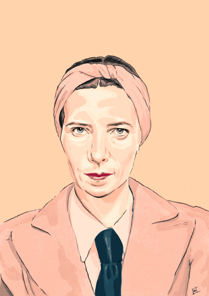 digital pencil & ink illustration of french writer, philosopher, activist & feminist, simone de beauvoir.
she drills holes into you with her eyes - though, not in a particularly aggressive fashion. her hair is pulled away from her face & secured with a scarf.
colours are pale peach, medium peach, crimson & french navy.