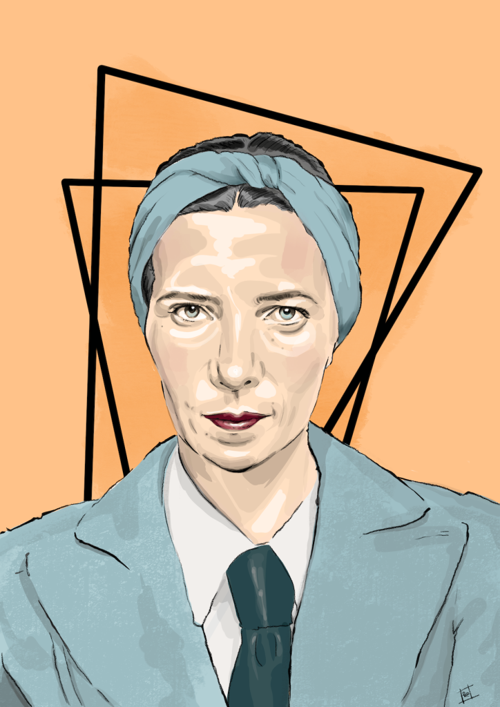 digital pencil & ink illustration of french writer, philosopher, activist & feminist, simone de beauvoir.
she drills holes into you with her eyes - though, not in a particularly aggressive fashion. her hair is pulled away from her face & secured with a scarf.
colours are pale peach, medium peach, grey-blue & black.
two triangles intersect to form an abstract geometric background.