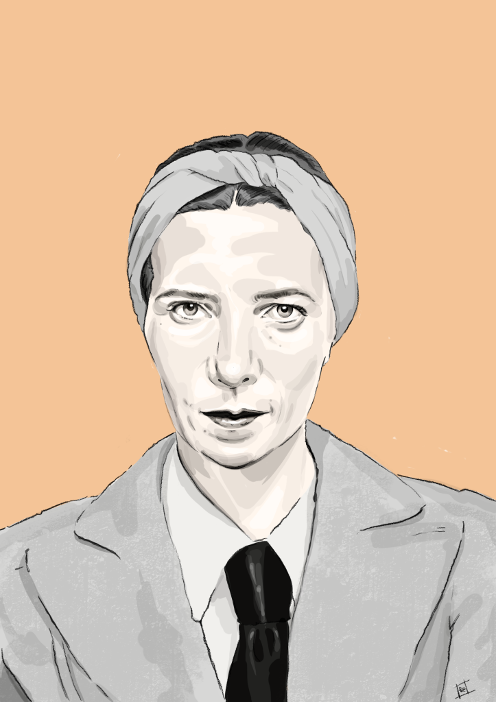 digital pencil & ink illustration of french writer, philosopher, activist & feminist, simone de beauvoir.
she drills holes into you with her eyes - though, not in a particularly aggressive fashion. her hair is pulled away from her face & secured with a scarf.
colours are pale peach, medium peach, grey & black.