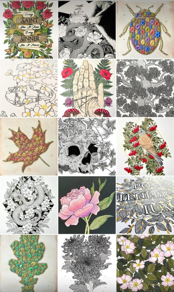 A grid of 15 illustrations.

Top row - left is a board and banners with the words every saint has a past every sinner has a future on them. There is a snake, bees, orange butterflies, three apples, five red roses, and lots of foliage behind. Middle is my hand holding a dip pen while working on and black and white image of a snake surrounded by peonies. Right is a beetle covered with gemstones in various colour.

2nd row - left is a section of and illustration showing cherry blossoms and tulips. Middle is a palmistry hand with ferns, fungi, poppies, and asters. Right is an ink illustration of a tree trunk and branches.

3rd row - left is a maple leaf covered with red, orange, and yellow gemstones. Middle is a black and white skull with ivy. Right is a kestrel on a rowan branch.

4th row - left is a black and white snake surrounded by cherry blossoms on a black diamond. Middle is a bright pink peony on a black background. Right is the words post tenebras lux on a background on leaves in black and white with a gold sunburst.

Bottom row - left is an oak leave covered with gemstones in various shades of green. Middle is three chrysanthemums in black and white. Right is dog roses and foliage.