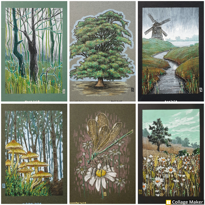 A photo collage of some of my art work using shades of green:
A woodland illustration, a cedar tree, a marshland with a windmill, a forest landscape with mushrooms, a dragonfly and a landscape with oxeye daisies and wheat. 