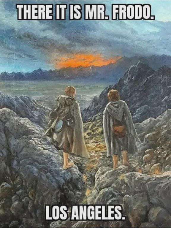 Sam and Frodo overlooking a glowing horizon, captioned as Los Angeles