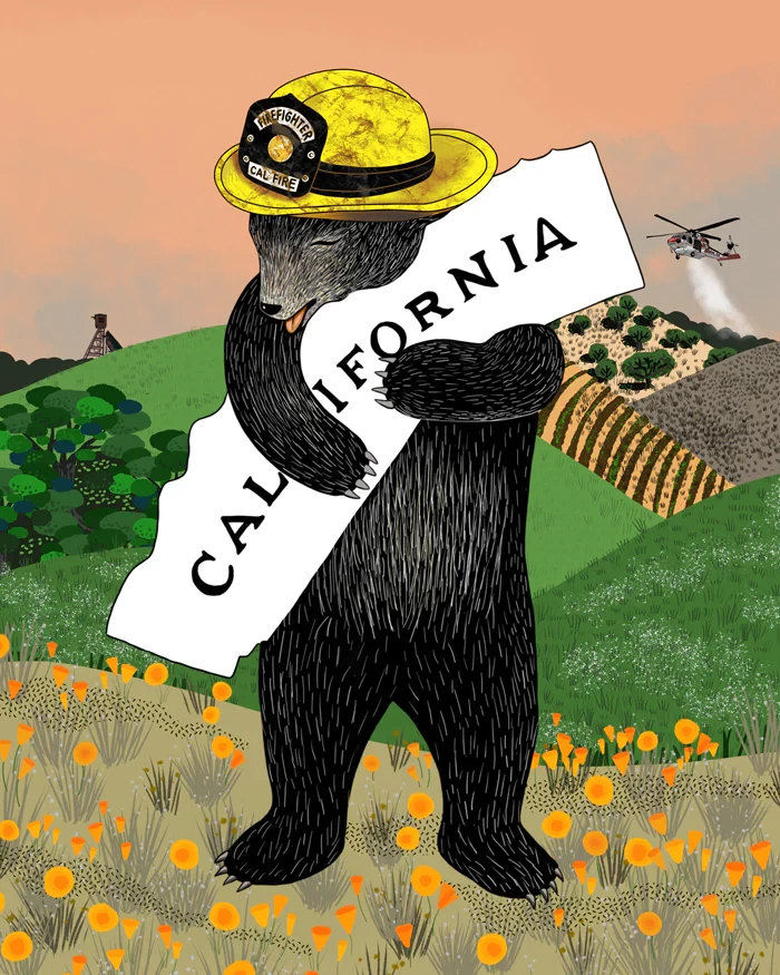 Poster with a drawing of a bear, standing up, hugging an item shaped like the state of California; it says California on it. The bear is wearing a firefighter's yellow hat. The bear is standing in a landscape with California poppies at its feet and hills behind it. 