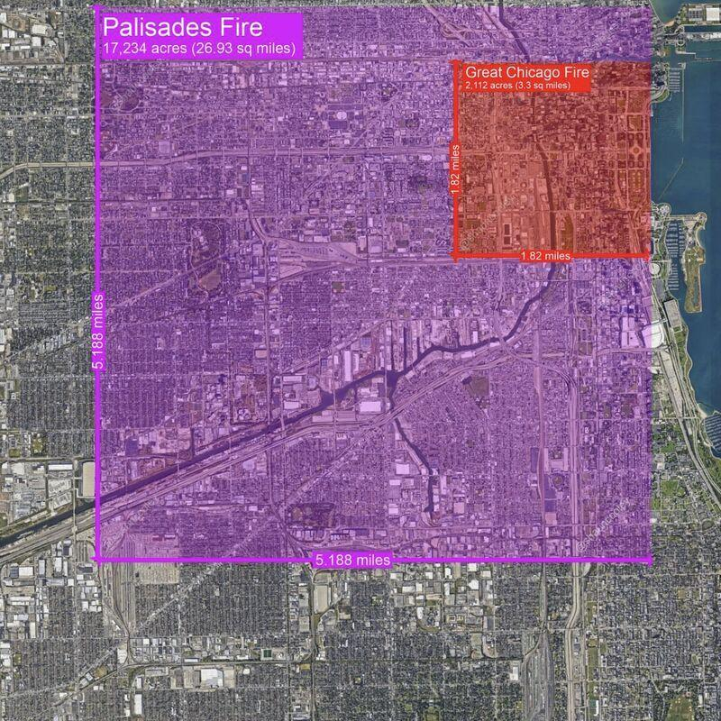 Map overlay of Chicago.
Seen here in comparison to modern Chicago, the Palisades Fire in LA is about eight times larger than the Great Chicago Fire of 1871.