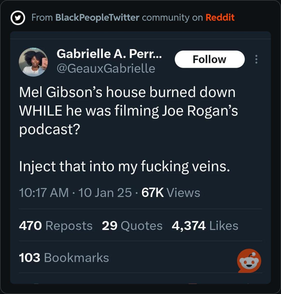 From BlackPeopleTwitter community on Reddit


@GeauxGabrielle: 
Mel Gibson's house burned down
WHILE he was filming Joe Rogan's
podcast?
Inject that into my fucking veins.