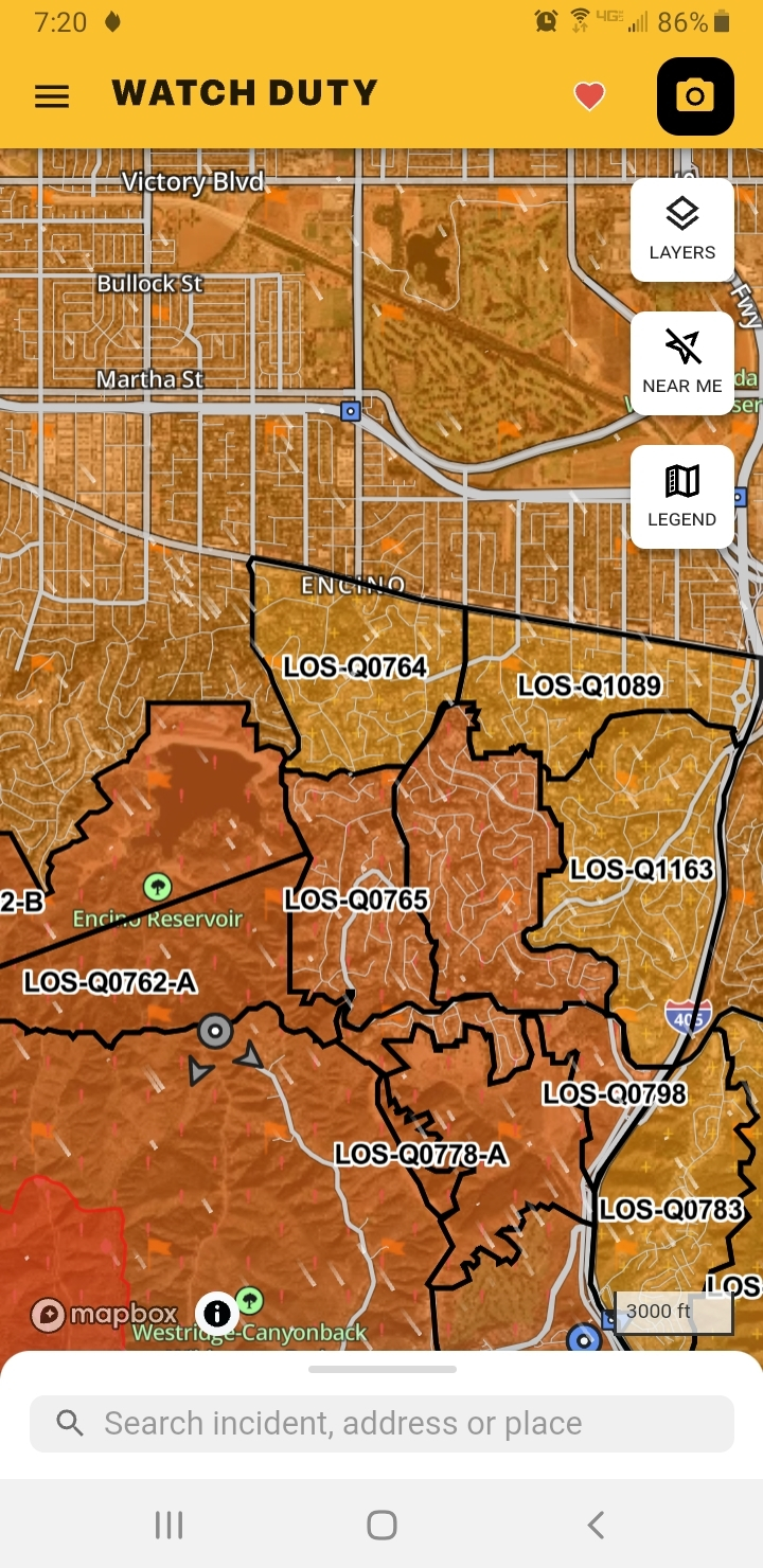 Screenshot of Watch Duty app. Of note, parts of the city of Encino south of Ventura Boulevard are under Level 2 Evacuation Warning notice.