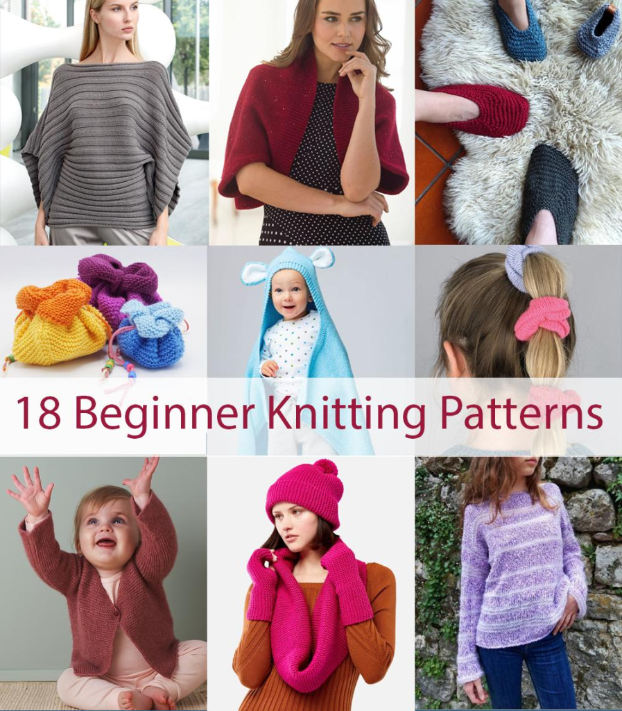 Caption: 18 Beginner Knitting Patterns
Collage of 9 photos of knitting projects: A woman wearing a top with horizontal ribbed texture and boatneck. A woman wearing a red shrug created of a rectangle seamed together. Feet wearing garter stitch slippers knit flat. Three drawstring bags created from garter stitch rectangles. Baby wearing a hooded blanket with animal ears. Back of woman's head with scrunchies holding her ponytail. Baby lifting up hands in joy wearing a garter stitch cardigan. Woman wearing a garter stitch hat, mitts, and cowl. Woman wearing a purple sweater.