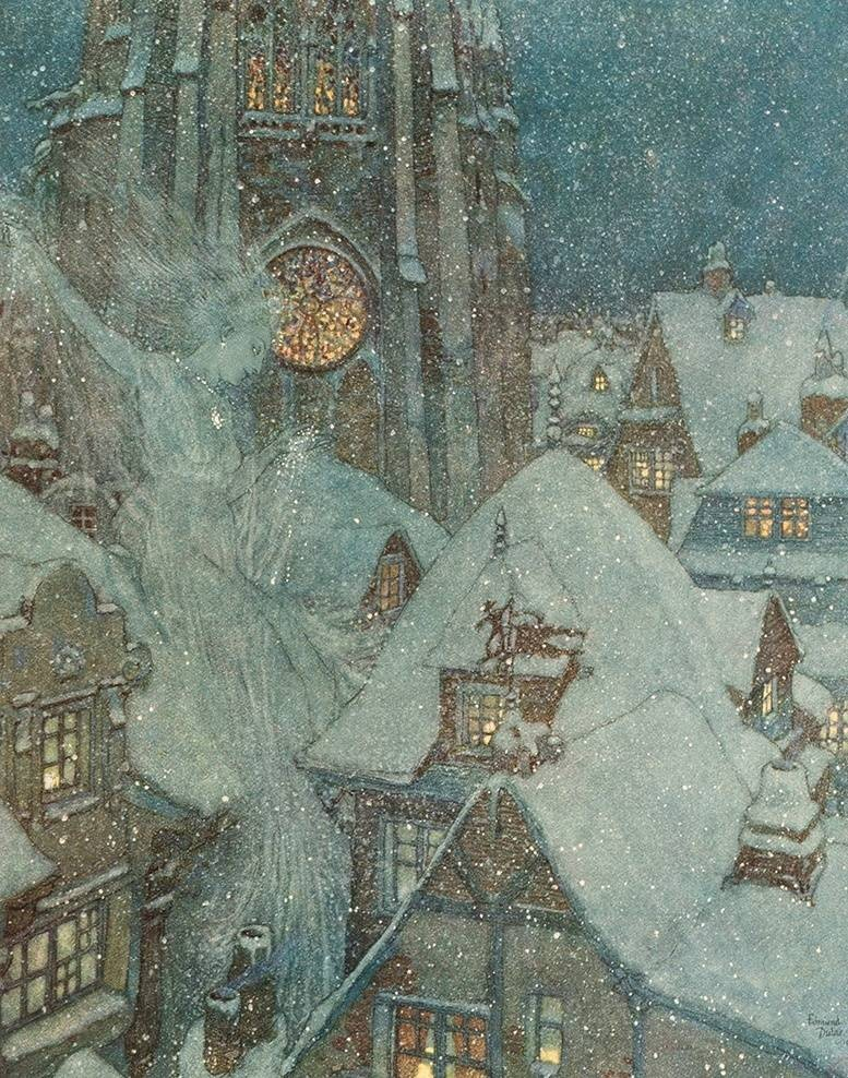 An illustration of a snow-covered town at nighttime, where the ghost-like Snow Queen flies through the air above the roofs.