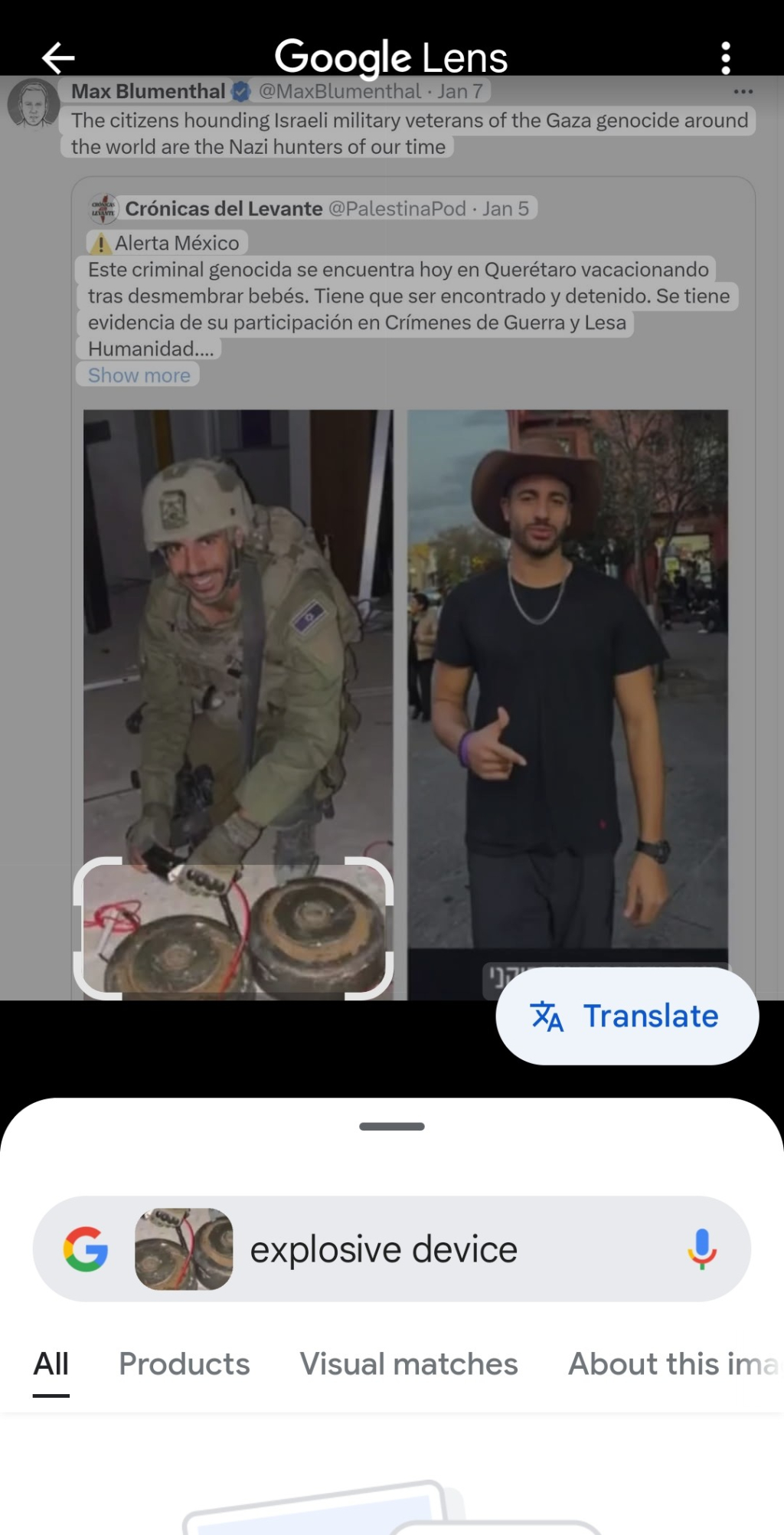 Google Lens Highlighted explosive devices, being handled by idf nazi who is not highlighted. Just devices.